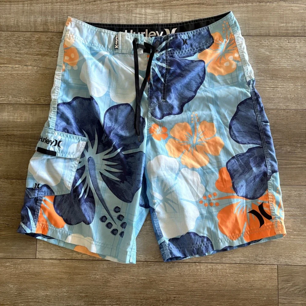 Hurley Board‎ Shorts Men 31 Blue Orange Tropical Hibiscus Floral Swim Trunks